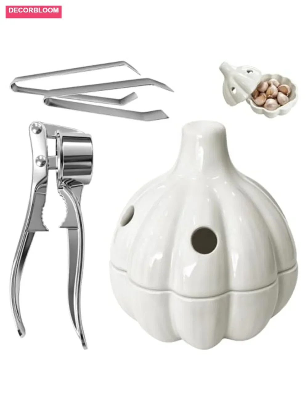 Ceramic Garlic Keeper with Vent Lid, Garlic Press & Peeler Clips